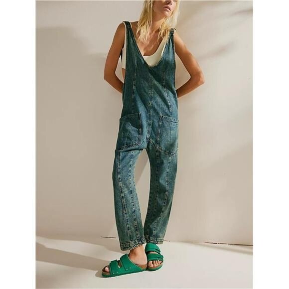 Women's High Roller Denim Overalls Casual Sleeveless Loose Baggy Deep Green